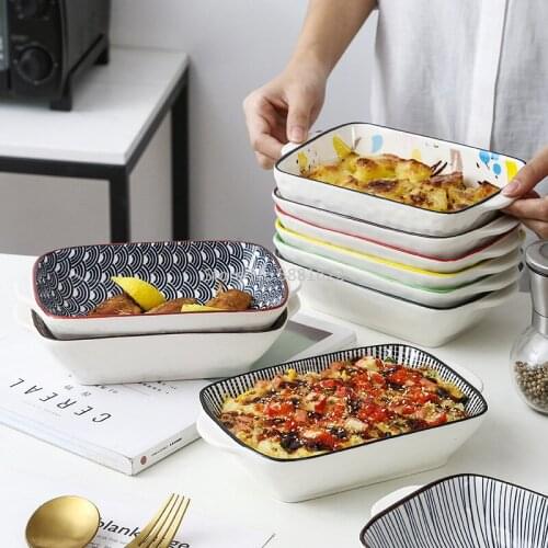 Nordic Minimalist Style Underglaze Ceramic Tableware Household Oven Special Baked Rice Dish Double Ear Rectangular Baking Tray