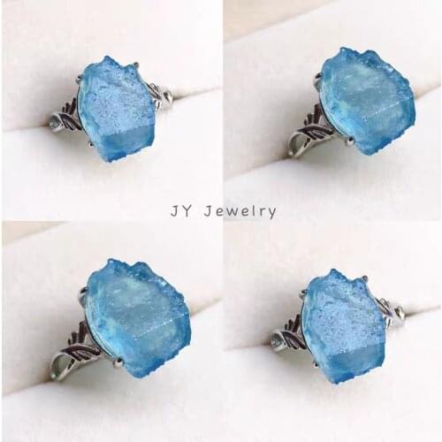Genuine Natural Blue Aquamarine Crystal Adjustable Ring 925 Silver 18x13mm Clear Raw Material Beads Ring AAAAA