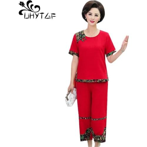 UHYTGF National style summer two piece set women cotton and linen soft comfortable female suit thin plus size sets Genuine 1041