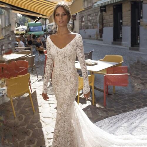 V-Neck Long Sleeve Lace Boho Backless Court Train Sheath Wedding Dress 2020 Vestido De Noiva