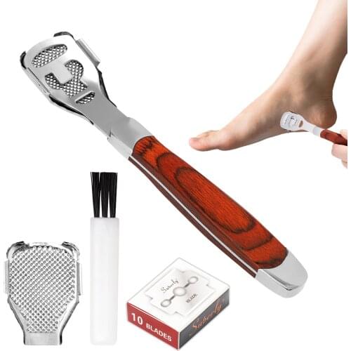 Wooden handle Stainless Steel Foot Skin Shaver Corn Cuticle Cutter Remover Rasp Pedicure File Callus Care Tool 10 Blades 1 brush
