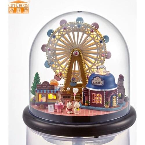 Furniture DIY Doll House Wodden Miniatura Doll Houses Furniture Kit Glass Cover Assemble Dollhouse Toys For Children gift B23