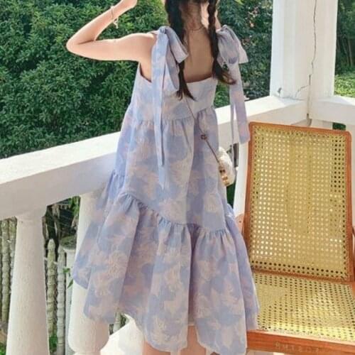 Kawaii Elegant Strap Dress Women Sweet Backless Designer Y2k Korean Bow Print Dress Female Vintage Party Cute Dress Summer 2021