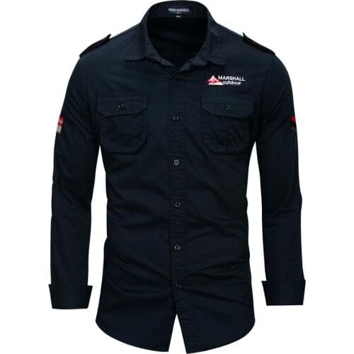 Mens Lapel Shirt Long Sleeve Cotton Military Style Casual Pocket Shirt Solid Color USA/EU Size Embroidered Casual Shirt