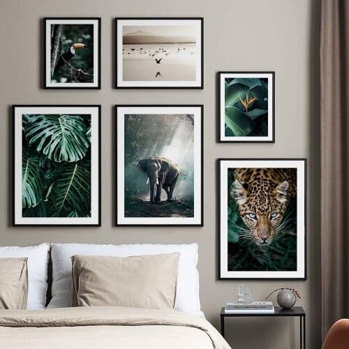 Wall Painters House Decoration Tropical Rainforest Plants/Animals Poster Toucan Elephant Leopard Painting Monstera Leaf Picture