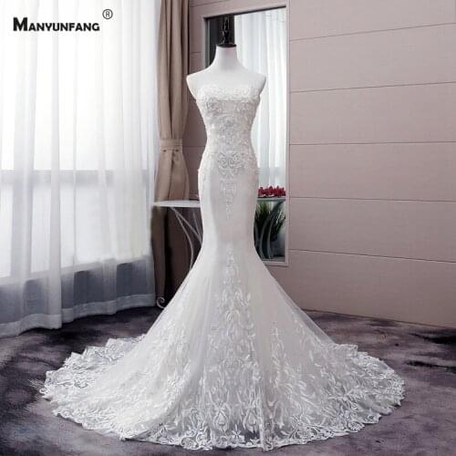 Real Photo Strapless Embroidery Appliques Tulle Sequins Mermaid Wedding Dress Custom Made Sleeveless Chapel Train Bridal Gown