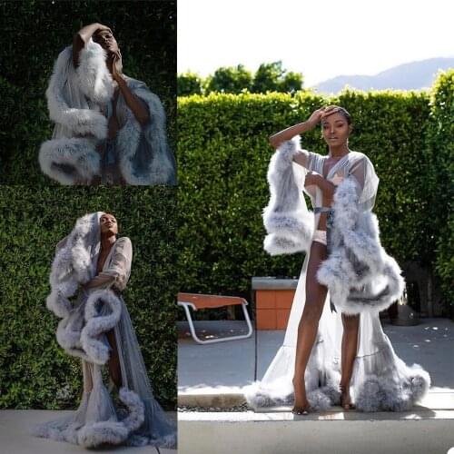 2021 Artificial Fox Fur Night Robe with Long Sleeves Floor Length Party Celebrity Sleepwear Bridal Nightgown Robes