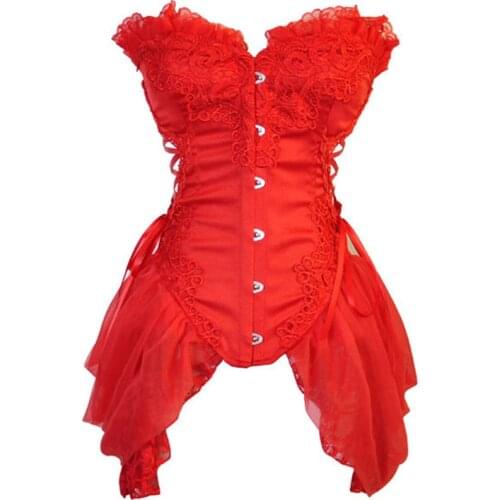 New Women Sexy Gothic Burlesque Corset Costume,S M L XL XXL,Black Red White Bustier with Ruffles,Novelty Lace Corselet