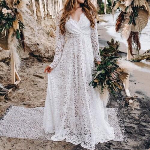 Beach Wedding Dresses Lace V Neck Long Sleeve Backless trouwjurk Plus Size Bohemian vestidos de noiva V-Neck Boho Simple Dresses