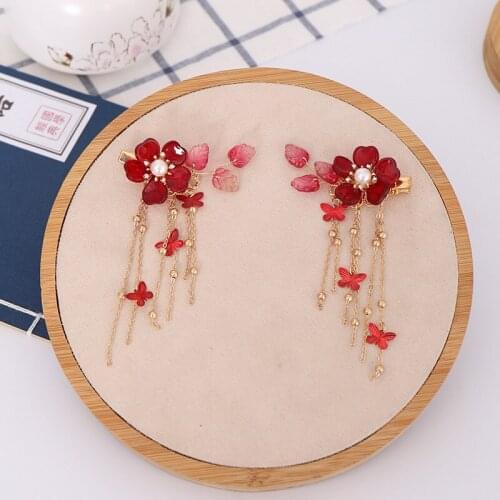 Red Flower Hair Clip Girl Tassel Hair Clips Hairpin HanfuTraditional Headdress Handmade Hair clip
