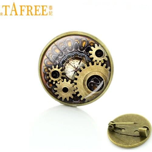 TAFREE Steampunk jewelry Vintage Egyptian Brooches pins Glass cabochon clock gears pin Fashion mandala Christmas gift C172