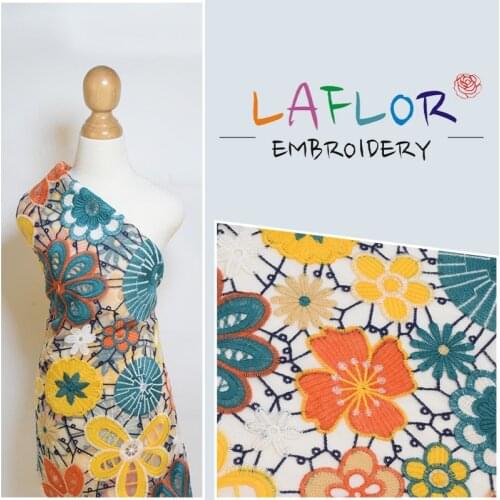 Embroidery lace fabric multi-color flat embroidery fabric for womens dress