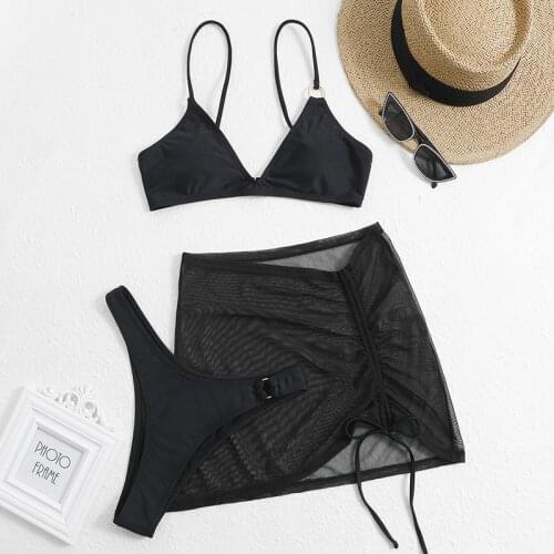 Solid bikini 2022 Mesh 3 pieces set Sexy swimsuit women Elegant swimwear female bikinis skirts swimming suit Sports bathing suit