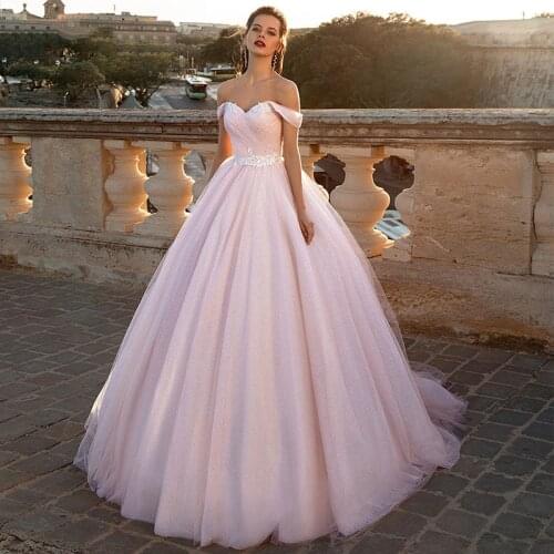 Eightree Sweetheart Pink Ball Gown Glitter Wedding Dress vestido de novia Appliques Lace Up Off the Shoulder Wedding Gowns 2020