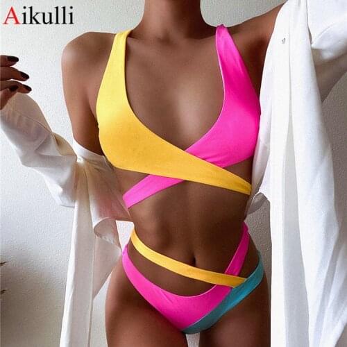 High Waist Bikinis Swimsuits 2020 Swimwear Women Sexy Hollow Out Bandage Cross Swim Swimming Suit For Women Bandage Bikini sets