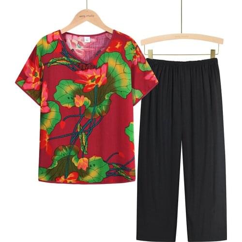 Short-Sleeved Lotus Leaf Printing Pants Sets Lounge Large Size Womens Summer Woman Top Cotton Casual Loose Soft Out Wear Pajama