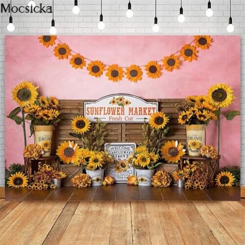 Sunflower Market Backdrop for Children 1st Birthday Cake Smash Photo Props Studio Booth Background Flowers Decoration Photoshoot