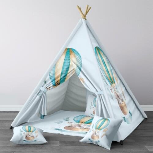 Play Tent for Kids Wigwam Portable Indoor Playground Tents Children Bedrooms Light Blue Bear and Bird Feather Model 128