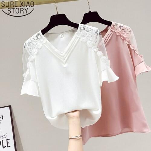 Sweet Lace Chiffon Blouse Women Shirts Korean Loose V-neck Mesh Stitching Lace Clothes Summer Short Sleeve Clothes Blusas 14851