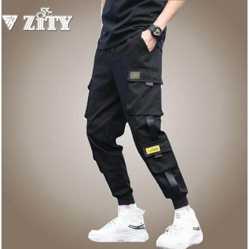 Mens Side Pockets Cargo Harem Pants 2021 Ribbons Black Hip Hop Casual Male Joggers Trousers Fashion Casual Streetwear Pants