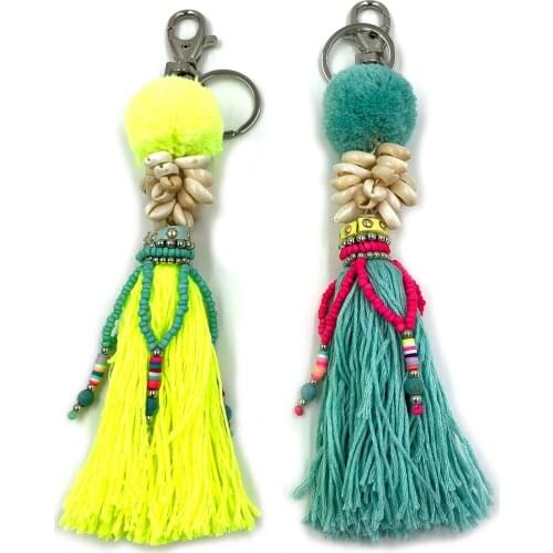 2020 New Shine pompoms Tassel pendant Keychain Boho Key Rings Bohemian Big Key Chains Cute Vintage jewelry findings bag pendants