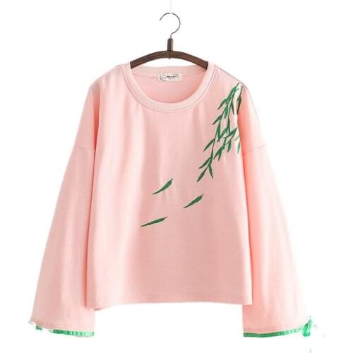 2020 Autumn Women Flare Sleeve Cartoon Embroidery Cotton Bottoming Pink Women hoodies Harakuju Loose Tees Tops For Female Girl