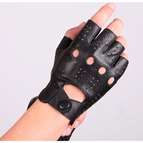 Mens Genuine Leather Gloves Male Thin Unlined Breathable Anti-Slip Semi-Finger Lambskin Gloves Driving Men Mittens M046P4