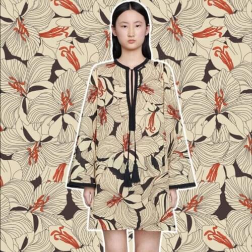 Polyester stretch satin fabric European brand G series large floral pattern digital printing skirt shirt sewing fabric