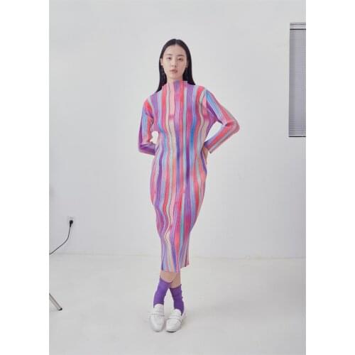 HOT SELLING Miyake fold stand neck Folded Rainbow colors Long Sleeve Dress IN STOCK