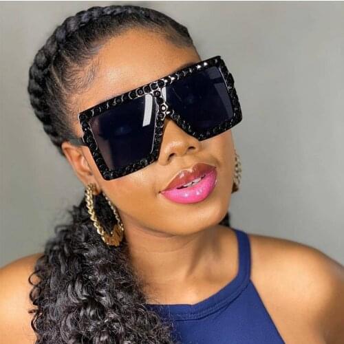 Luxury Crystal Black Shield Sunglasses for Women One Piece Overisized Shades Eyewear Fashion Diamond Square Sun Glasses Gradinet