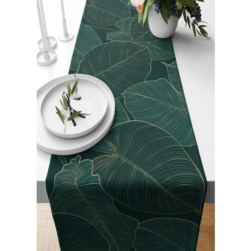 Runner Dark Green And Gold Leaf Decorated Suede Woven 140*40 Cm