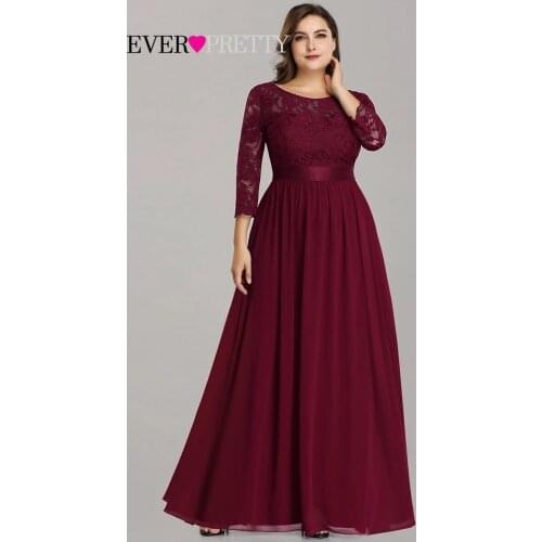Plus Size Evening Dresses Long EP07412 Elegant Long Sleeve A-line Lace Chiffon Burgundy Red Winter Wedding Guest Dresse