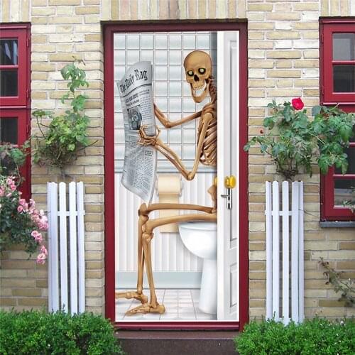 Funny Skull Stickers on the Doors Vinyl Adhesive Peel and Stick Wallpaper Wood Door Wardrobe Renovation Mural Decals deurposter