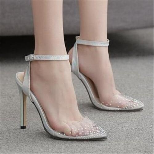 Women sandals PVC Buckle Strap 11 cm Thin Heels High heels Pointed Toe Shallow Rhinestones sandal for women shoes size 35-42