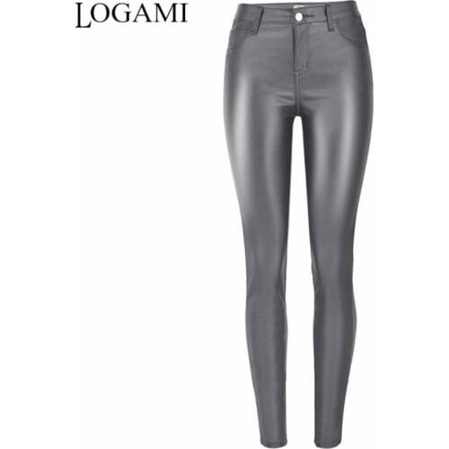 LOGAMI Faux Leather Pants Women Grey High Waist Pu Pencil Pants Female Streetwear Slim Womens Trousers