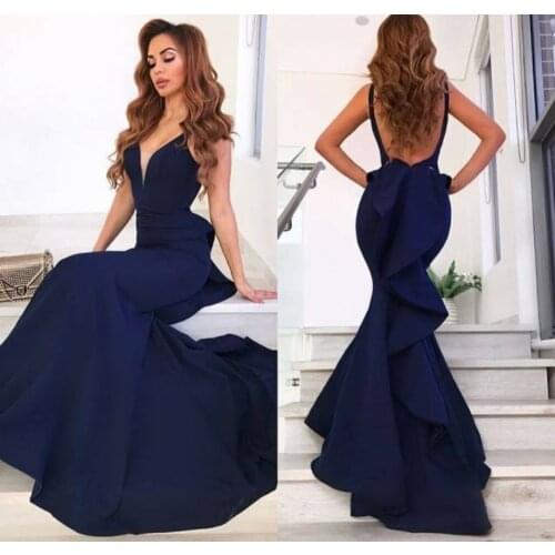 Navy Blu Long Satin V-Neck Prom Dresses Mermaid Sweep Train Open Back Abendkleider Robes de Soirée for Women