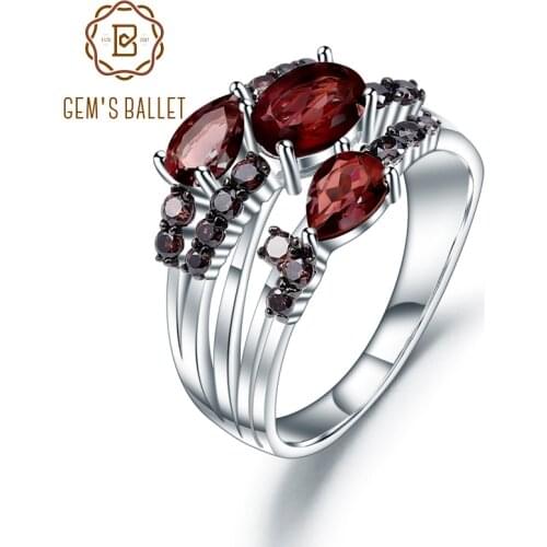GEMS BALLET 1.95Ct Natural Red Garnet Wedding Band Rings 925 Sterling Silver Three Stone Birthstone Ring For Women Fine Jewelry