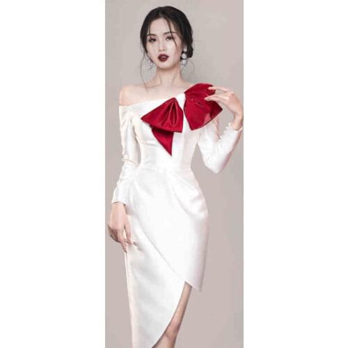High-End Sexy Off The Shoulder Pencil Party Dress Women 2021 Autumn Elegant Bow Slim Sheath Bodycon Irregular Dresses Vestidos