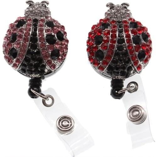 100pcs/lot Sparkly Red Lady Bug Brooch Rhinestone Retractable Badge Reel Holder Clip