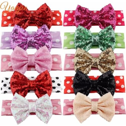 Sequins Hair Bows 5" Trendy Big Dot Spotted Princess Girls Elastic Soft Solid Headbands DIY Headwear For Kids
