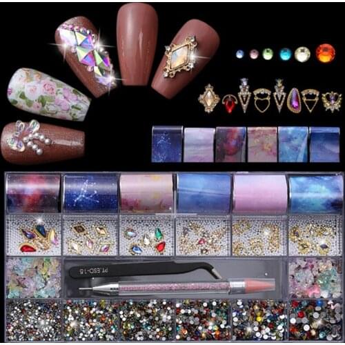 27RC 21 Grids Nail Art Stickers Decoration Multi Shapes with Dual-ended Dotting Pen Tweezers Set Nails Ornaments Manicure Tips