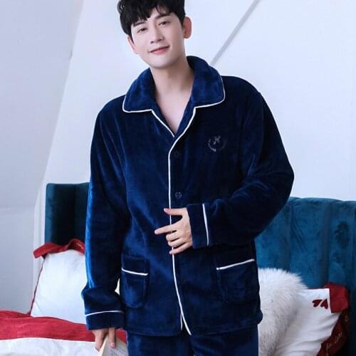 H5890 Men Navy Pajamas Set Flannel Coral Velvet Warm Thick Sleepwear Autumn Winter Male Long Sleeve Turn Down Collar Nightgown