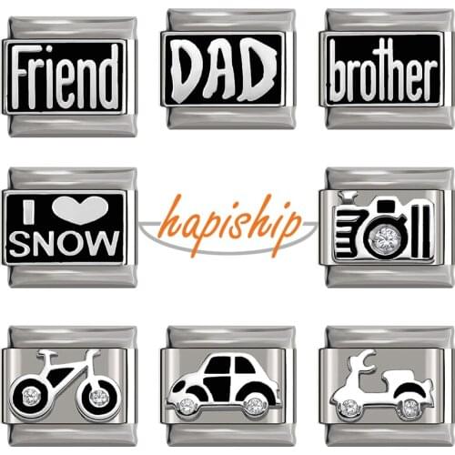 Hapiship 2020 New Original Daisy Dad Friend Bike Car Letter Italian Charm Fit 9mm Bracelet Stainless Steel Jewelry Making DJ083