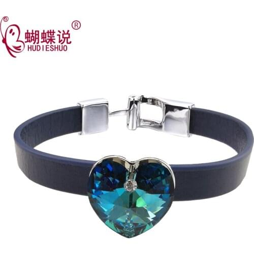 HUDIESHUO New Arrival Genuine Leather Blue Bracelets for Women Decorate with Heart Crystal Chain Bracelet Femme pulseras mujer