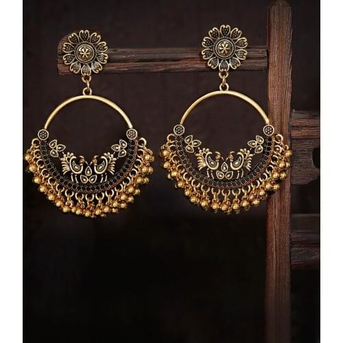 Classic Retro Big Round Gold Carved Indian Jhumka Earrings Oorbellen Womens Vintage Tassel Dangling Earrings 2021 New