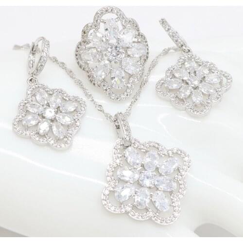 White Cubic Zirconia Sterling Silver Trendy Pendant Necklace Earring Ring Jewelry Sets for women Fashion Gift
