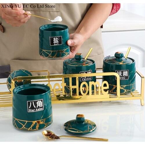 Kitchen Supplies Sugar Bowl Golden Marble Ceramic Seasoning Jar with Lid Household Salt Shaker Metal Iron Shelf Four-piece Set