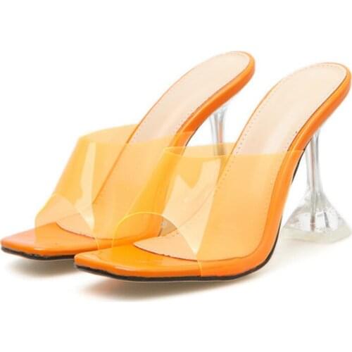 Summer PVC Jelly Slippers Crystal Open Toe Perspex Sike High Heels Crystal Women Transparent Heel Sandals Slippers Pumps
