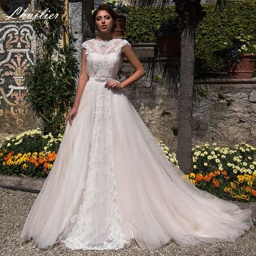 Lhuilier A Line Lace Appliques Wedding Dresses Sleeveless Floor Length Lace Up Vintage Tulle Bridal Gowns with Beading Belt