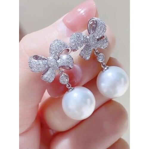 M1201 Solid S925 Sterling Silver Round 10-11mm Nature Fresh Water White Pearls Drop Dangle Earrings for Women Fine Presents